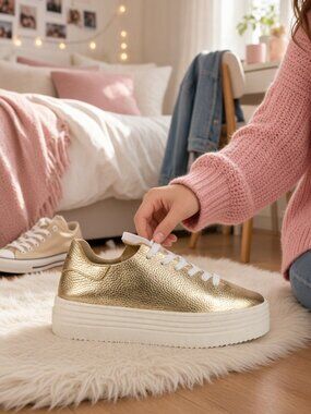 NEW Sam Edelman Pippy Gold Leather Platform Sneakers Coquette Fairycore Size 7.5